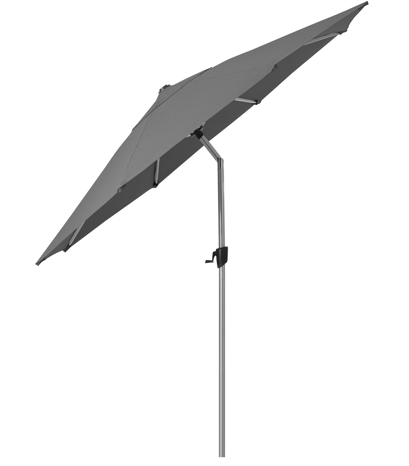 Grauer Cane-Line Sonnenschirm, neigbar, mit silbernem Gestell für Garten und Terrasse.